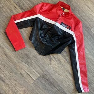 Red & Black Leather Colorblock Motorcycle Biker Jacket